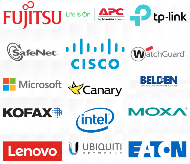 Fujitsu, APC, TP-Link, Safenet, Cisco, WatchGuard, Microsoft, Cisco, Belden, Kofax, Intel, Canary Lab, Moxa, Intel, Lenovo, Ubiquiti, Eaton UPS PDU